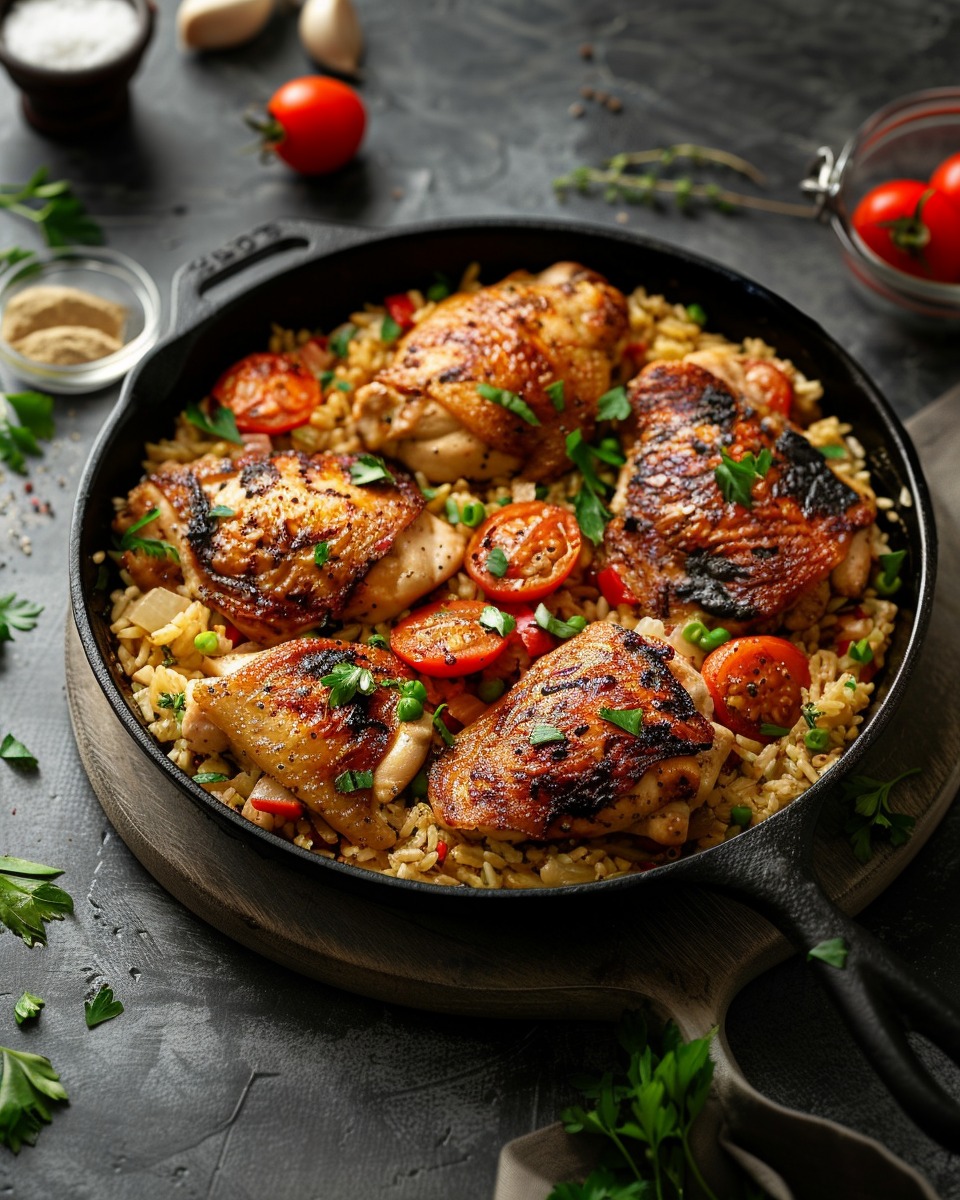 Chicken and Rice Skillet cooking on the stovetop, with steam rising and a golden-brown crust forming on the chicken
