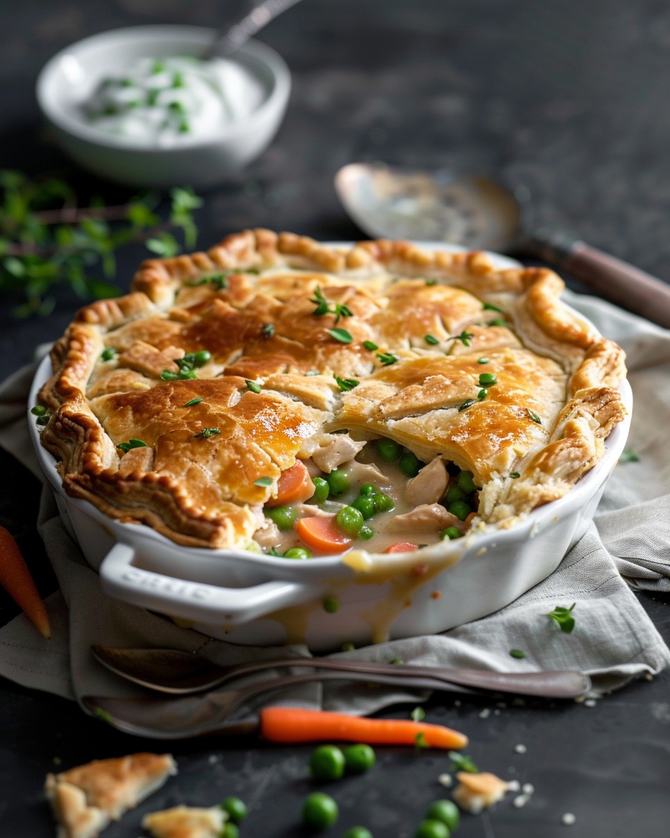 A photo showing the preparation of Classic Chicken Pot Pie filling, with vibrant vegetables and tender chicken being stirred into a creamy sauce.