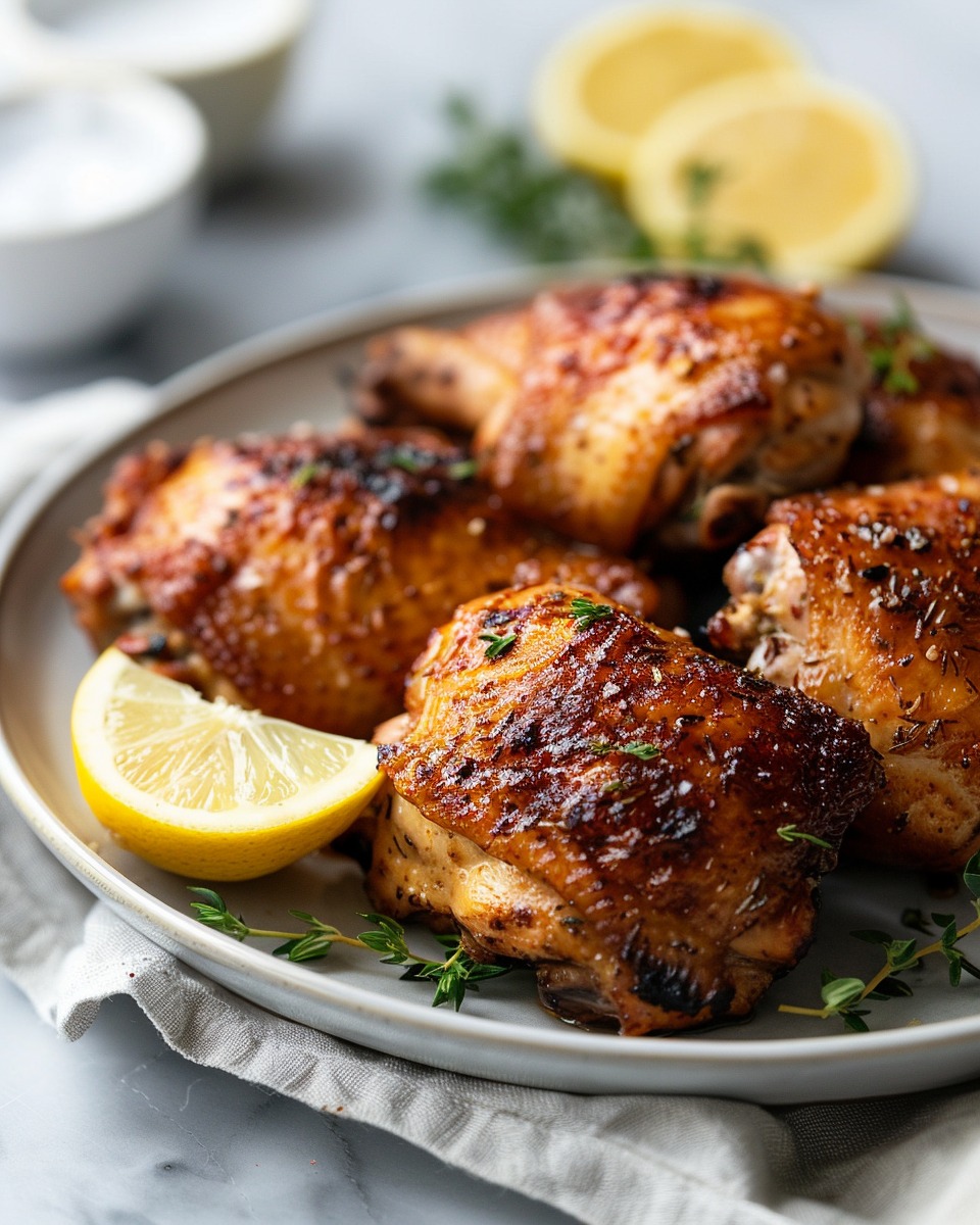 Golden-brown, crispy chicken thighs fresh from the air fryer, showcasing the perfectly cooked Air Fryer Chicken Thighs