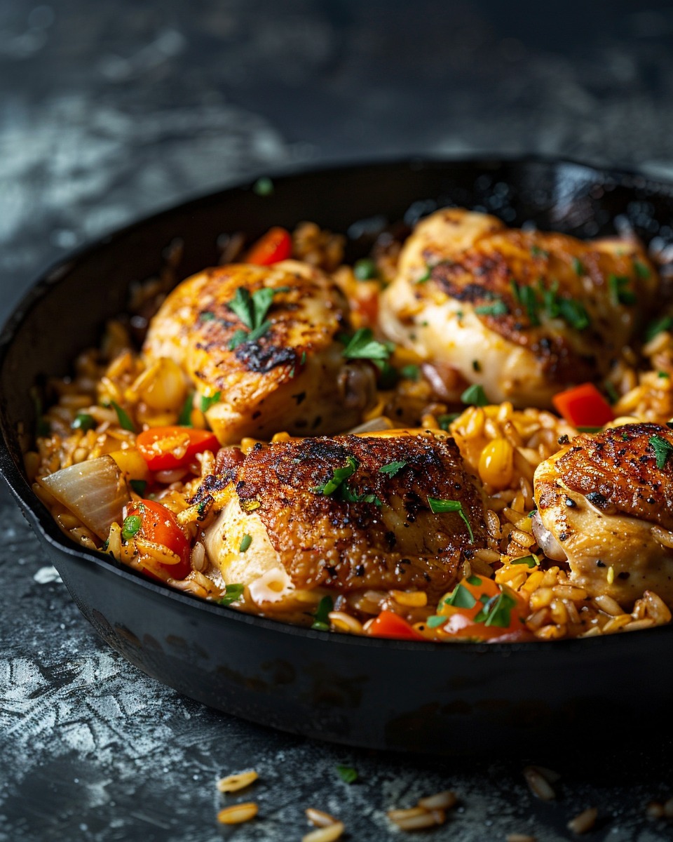 The Chicken and Rice Skillet nearing completion, with peas and cheese being stirred in