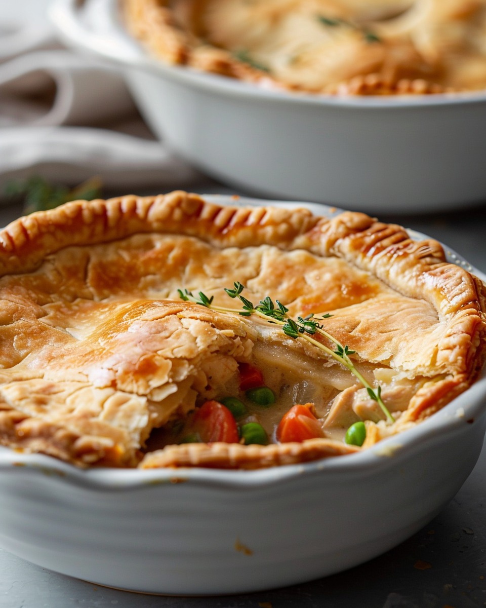 A photo showing the assembled Classic Chicken Pot Pie, ready to go into the oven, with a perfectly crimped edge and slits cut into the top crust.