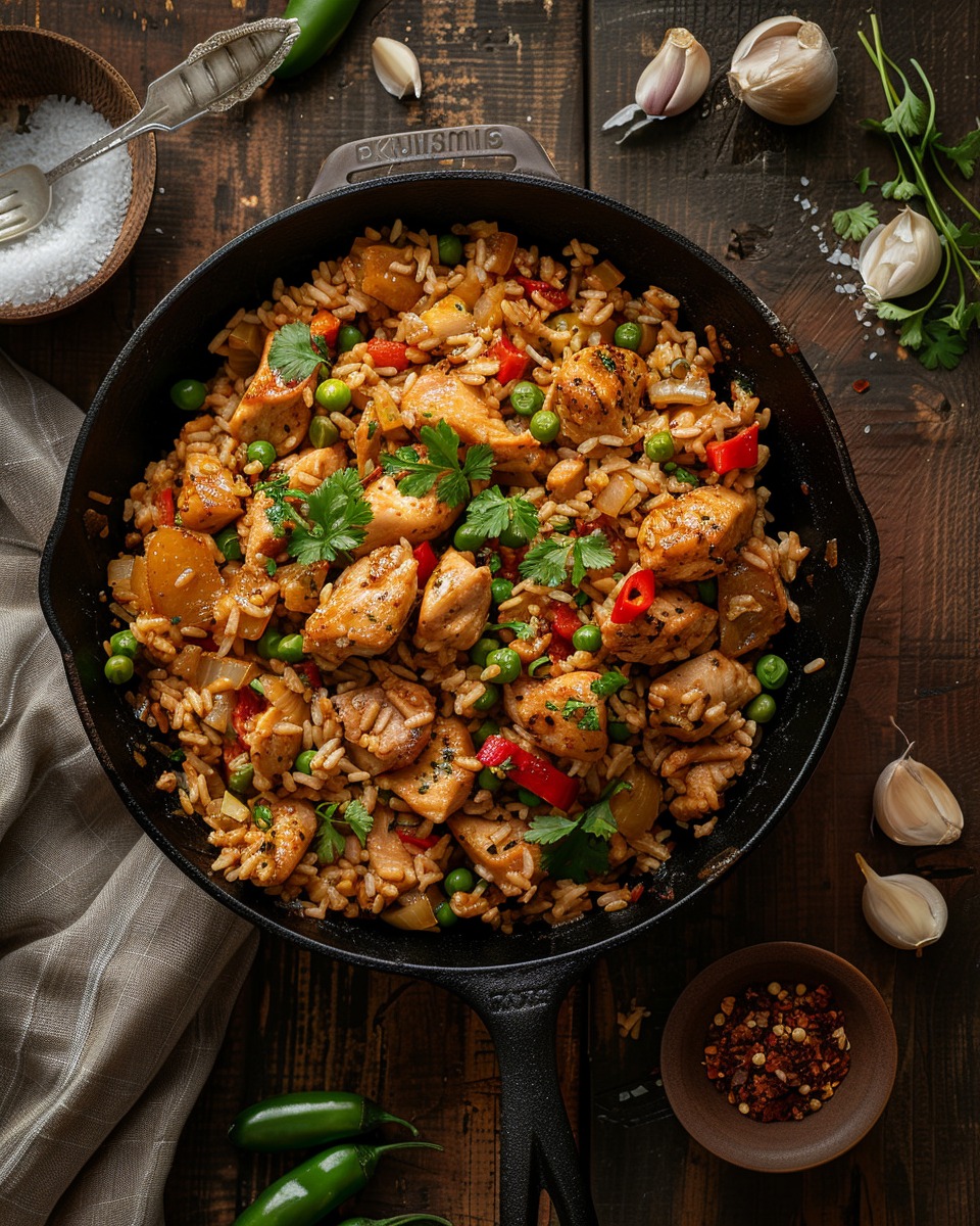The finished Chicken and Rice Skillet, garnished with herbs and ready to serve