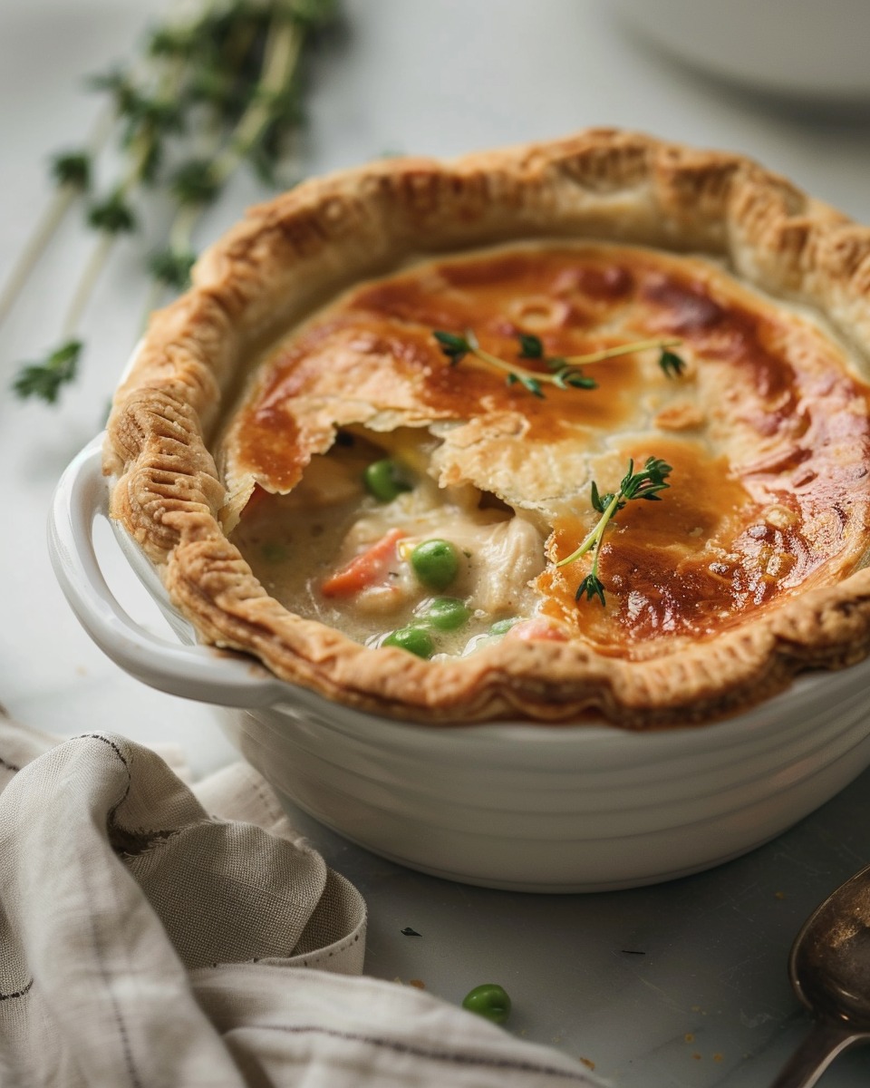 A beautifully baked Classic Chicken Pot Pie, with a golden, flaky crust and steam rising as it is served.