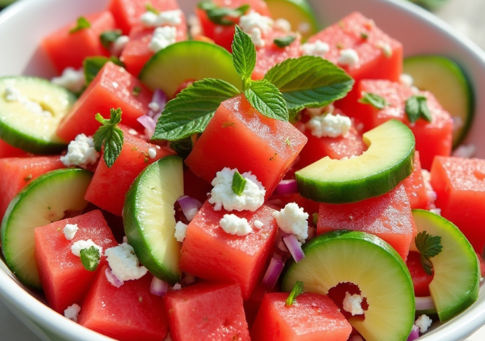 Watermelon Feta Cucumber Salad