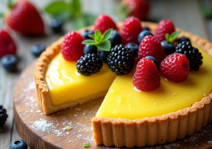Yellow tart with berries