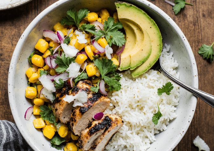 street corn chicken rice bowl