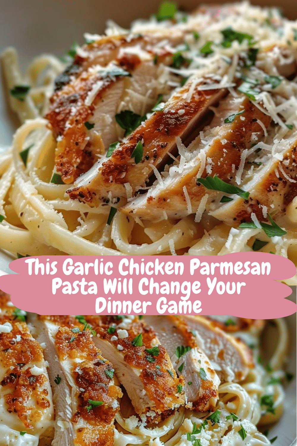 Flavorful Garlic Chicken Pasta with Extras Plate of Garlic Chicken Parmesan Pasta with sun-dried tomatoes