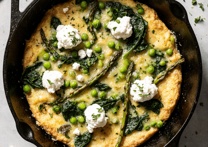 Healthy spring vegetable and goat's cheese frittata