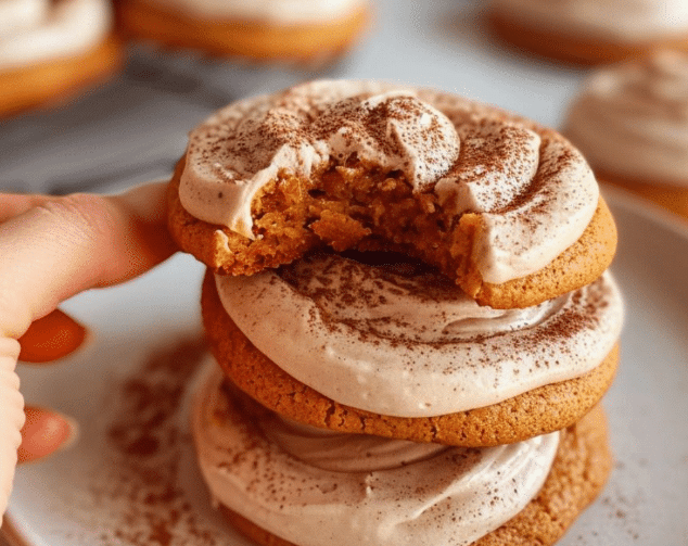 Soft Vegan Pumpkin Cookies Close-up of Soft Pumpkin Cookies with Cinnamon Frosting for fall