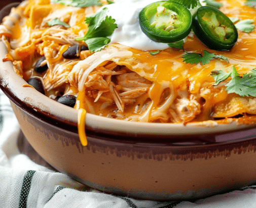Hearty Crockpot Chicken Enchilada Casserole