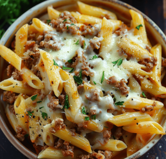 Irresistible Cheesy Penne with Garlic Butter Ground Beef