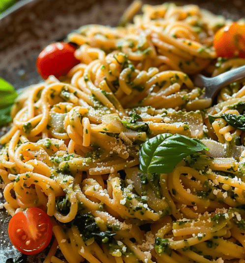 20 Minute Pasta | Creamy, Tomato Basil Pesto Pasta with spinach & shallots