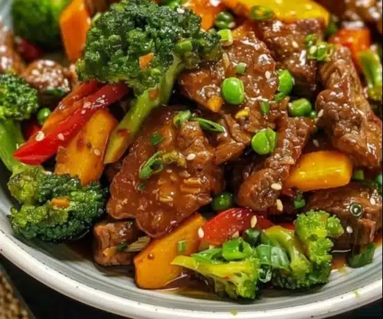Delicious 30-minute beef stir fry served with fresh vegetables