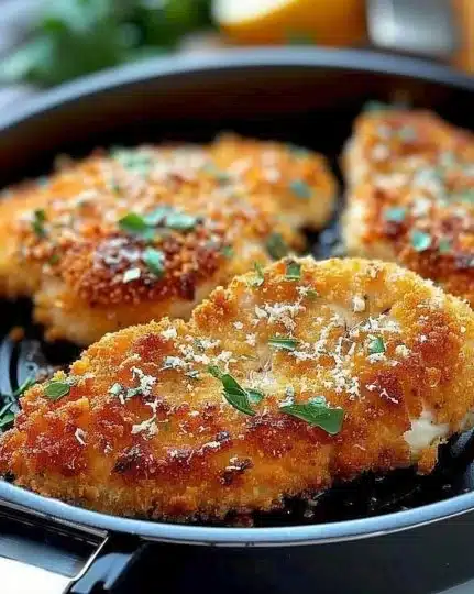 Air Fryer Parmesan Crusted Chicken with a golden crust on a white plate