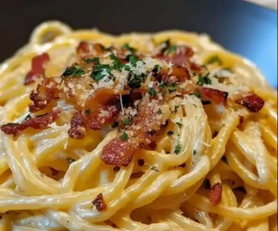 Delicious bacon carbonara pasta served in a creamy sauce with garnishes.
