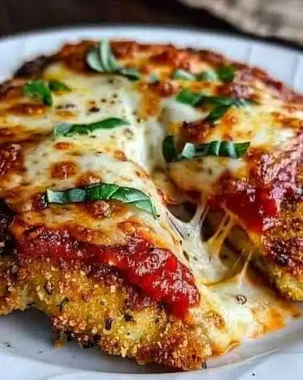 Baked Chicken Parmesan topped with marinara sauce and melted cheese