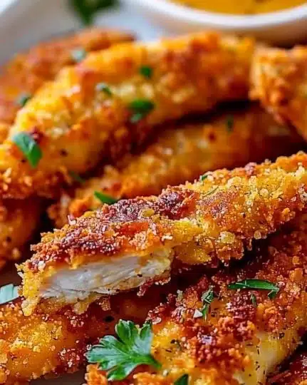 Delicious baked chicken tenders served with dipping sauce