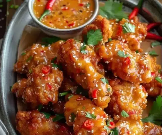 Plate of spicy Bang Bang Chicken garnished with green onions