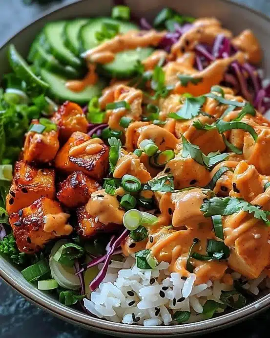 Bang Bang Chicken Bowl featuring spicy chicken and fresh vegetables in a vibrant dish.