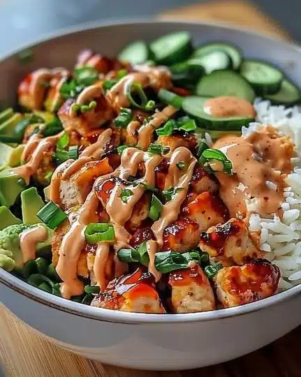Delicious Bang Bang Chicken Bowl garnished with vegetables and sauce