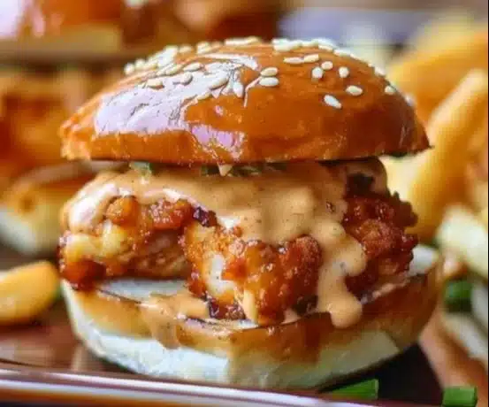 Bang Bang Chicken Sliders served on a platter with spicy sauce