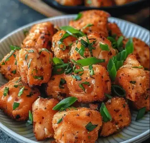 Bang Bang Salmon Bites served on a plate, garnished with herbs