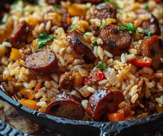 Cajun sausage and rice skillet dish garnished with herbs