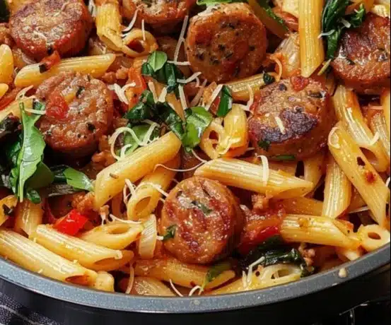 Delicious Cajun sausage pasta served in a bowl with herbs and spices.