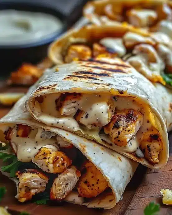 Cheesy garlic chicken wraps on a wooden board with fresh ingredients