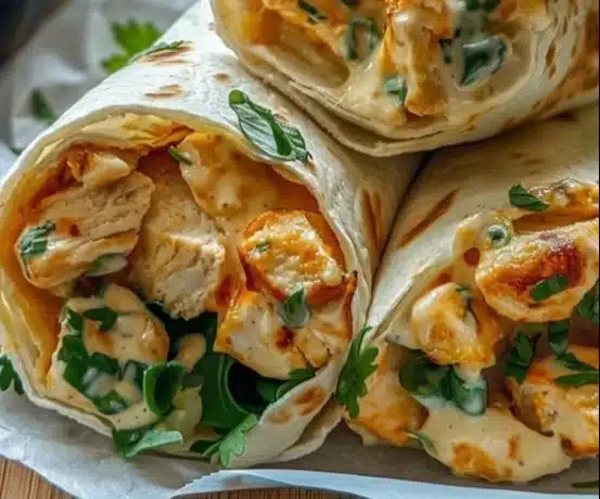 Cheesy garlic chicken wraps filled with tender chicken and melted cheese