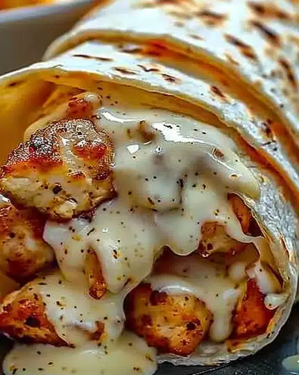 Delicious cheesy garlic chicken wraps ready to serve.