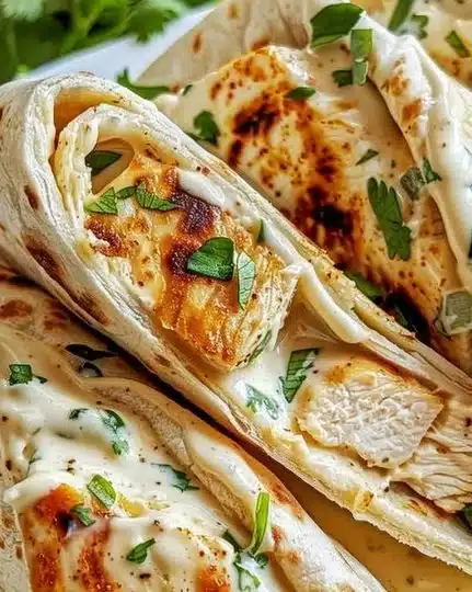 Delicious cheesy garlic chicken wraps on a plate with fresh ingredients