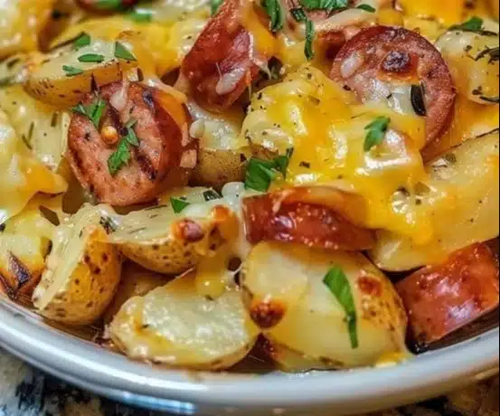Cheesy ranch potatoes with smoked sausage served on a plate