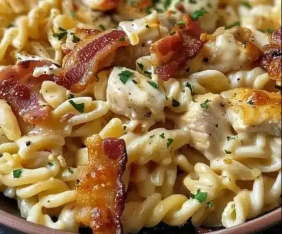 Creamy Chicken Bacon Ranch Pasta with crispy bacon and fresh herbs