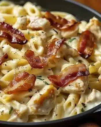 Delicious Chicken Bacon Ranch Pasta served in a bowl with herbs.