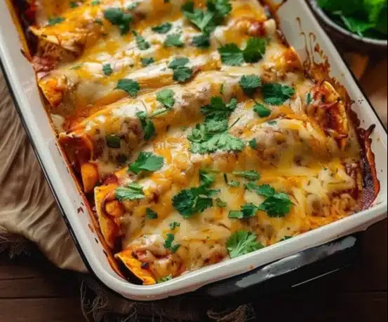 Plate of chicken enchiladas topped with cheese and sauce