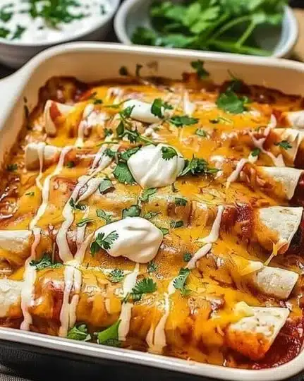 Delicious homemade chicken enchiladas topped with cheese and sauce