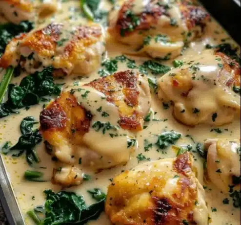 Plate of Chicken Florentine with spinach and creamy sauce
