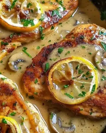 Delicious Chicken Francese served with lemon garlic sauce over pasta