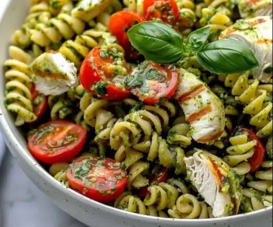 A bowl of colorful Chicken Pesto Pasta Salad with fresh ingredients and herbs