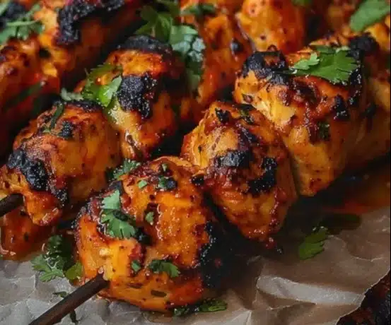 Plate of flavorful Chicken Tikka Kebabs served with fresh herbs and sauces