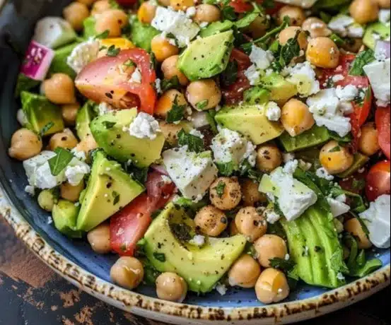 Chickpea Feta Avocado Salad in a bowl with fresh ingredients