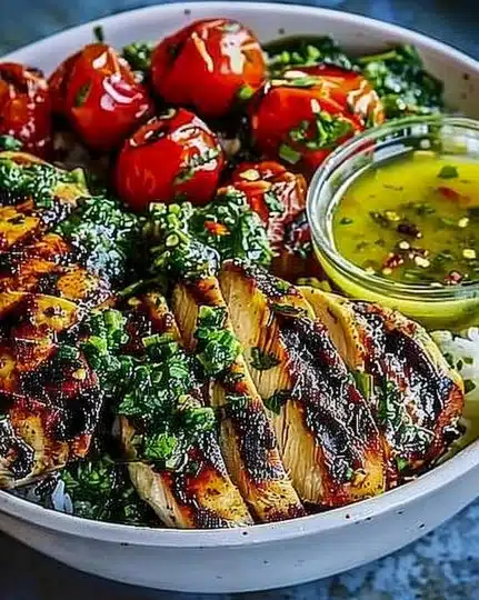 Chimichurri grilled chicken bowl topped with fresh ingredients and vibrant colors.