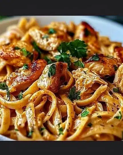 Delicious Cowboy Butter Chicken Linguine dish with creamy sauce and linguine pasta.