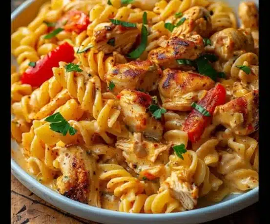 Bowl of creamy Cajun chicken pasta topped with herbs and spices.