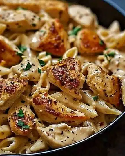 Creamy Cajun chicken pasta served in a bowl with herbs and spices.