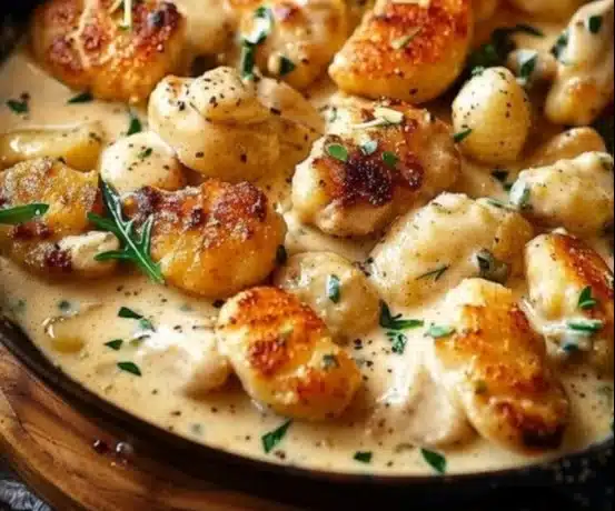 Creamy garlic chicken gnocchi skillet topped with herbs and cheese.