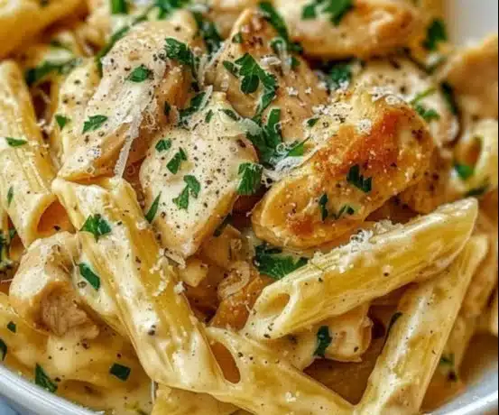 Delicious creamy garlic parmesan chicken pasta served in a bowl