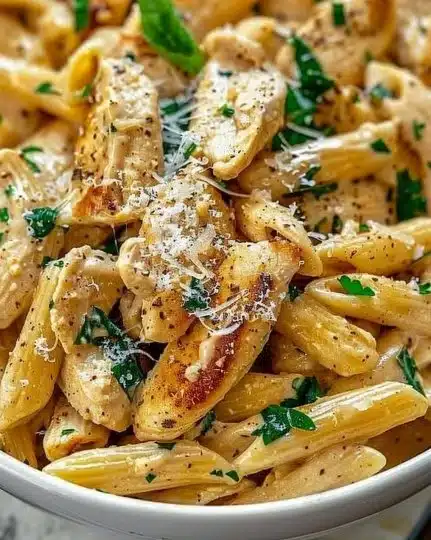 Creamy Garlic Parmesan Chicken Pasta with herbs and cheese