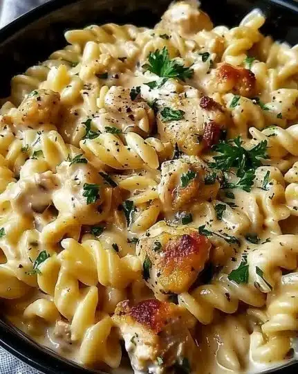 Creamy garlicky chicken pasta dish served in a bowl with fresh herbs